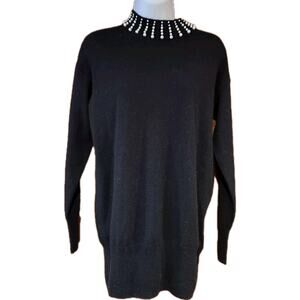 NWOT Hallhuber‎ Black Merino Wool Turtleneck With Beaded Collar Sz S